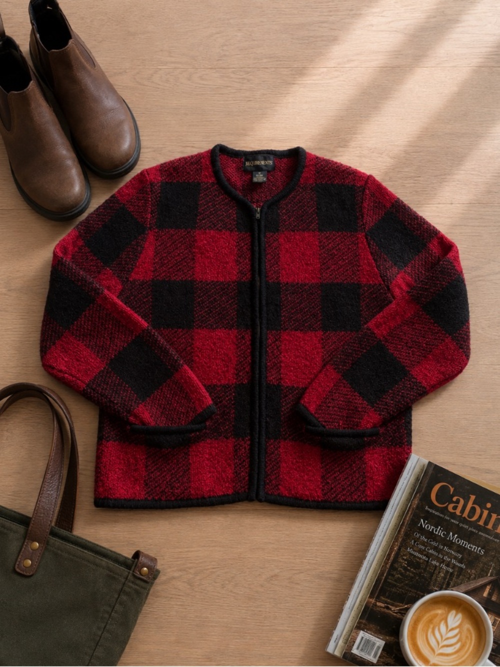 Vintage Women M 100% Wool Buffalo Plaid Full Zip Sweater Cabin Granola Outdoor